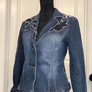 Y2K Boutique Denim Blazer – Embroidered Flowers – Size S